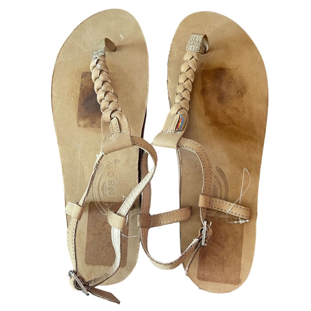 NEW Rainbow Womens T-Street Leather Sandals XL (8.5-9.5) Brown Braid Ankle Strap